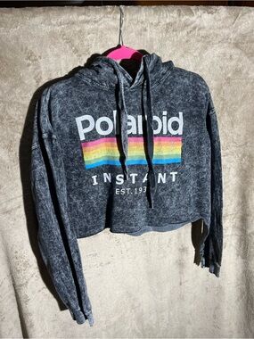 Polaroid Black Mineral-Wash Cropped Hoodie with Rainbow Stripe
